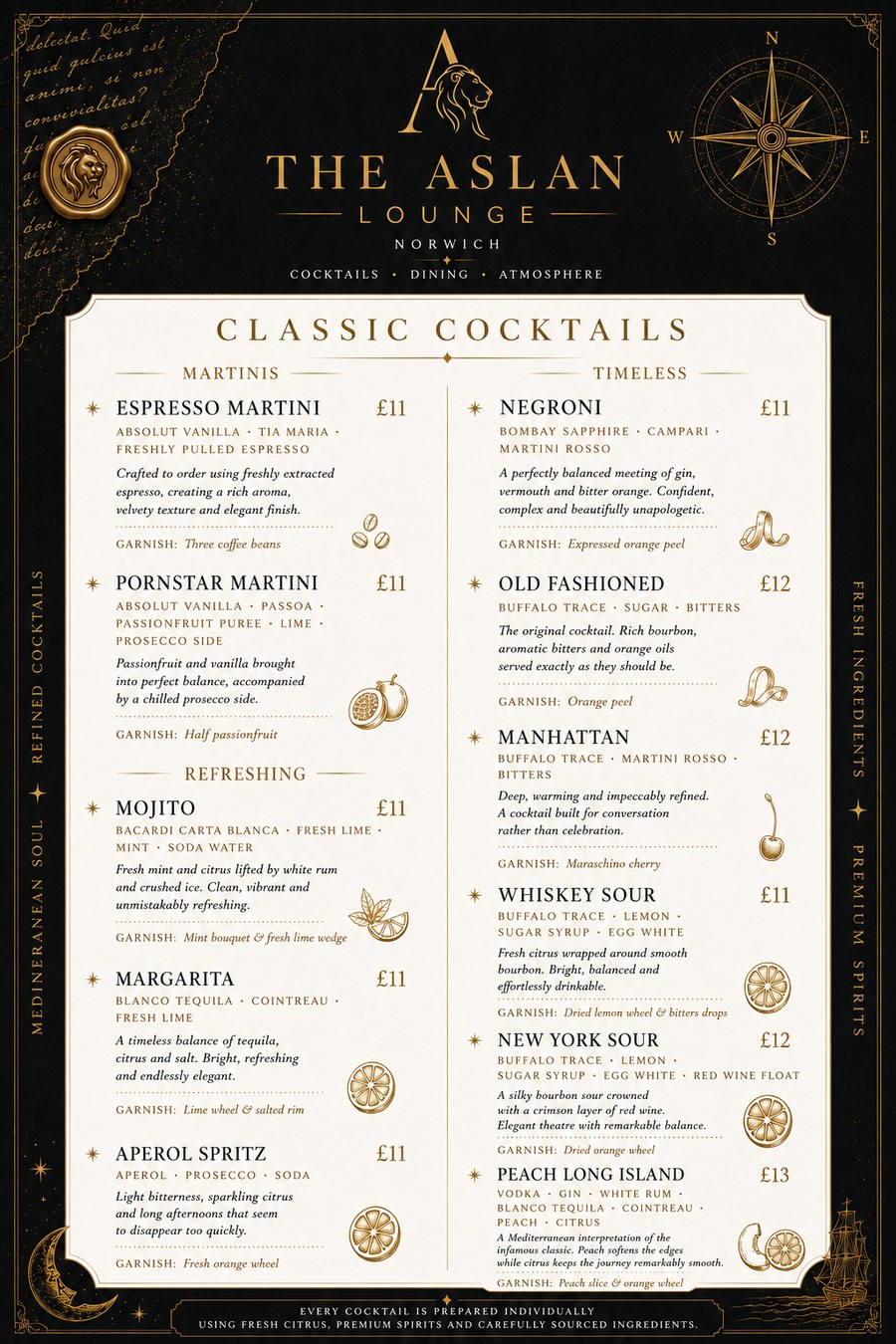 Classic cocktails menu — The Aslan Lounge