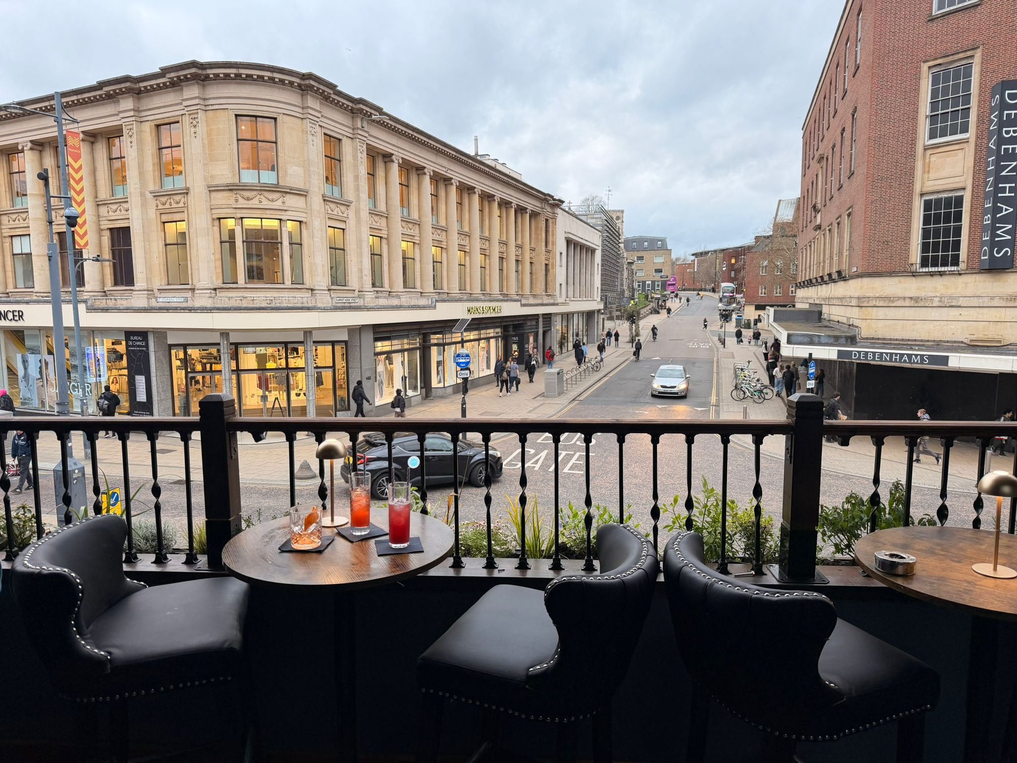 Balcony seating overlooking Red Lion Street